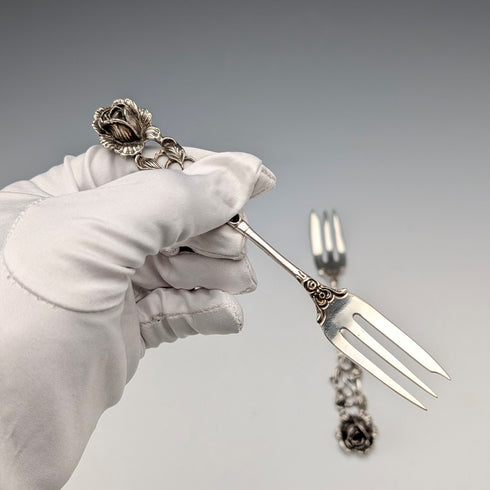 German vintage 835 silver dessert fork pair with rose engraving by August Betz